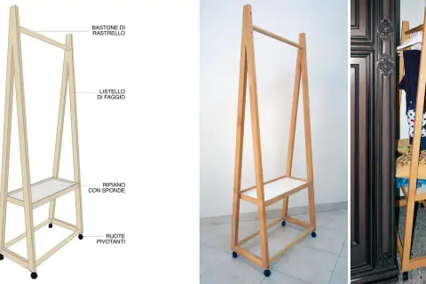 Appendiabiti fai da te in legno con rotelle, ripiano e barra appendiabiti. Ideale per organizzare vestiti e accessori.