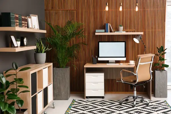 Un accogliente ufficio in casa con scrivania, sedia in pelle, piante e librerie. Idee per un ambiente di lavoro funzionale e rilassante.